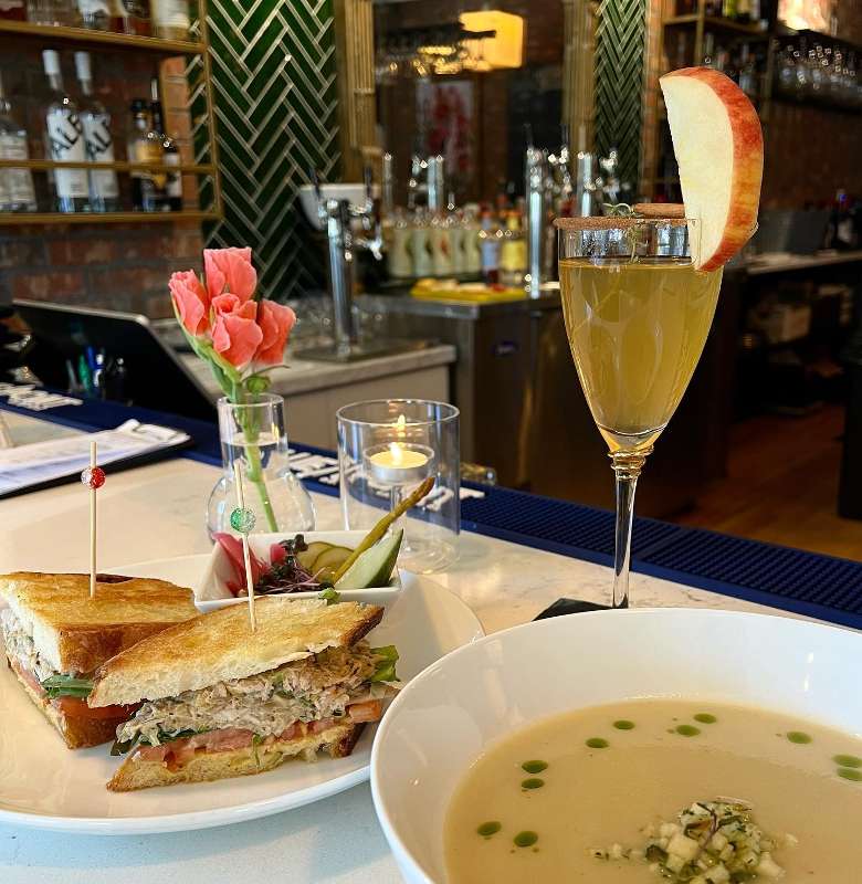 food and drinks on a table inside a restaurant
