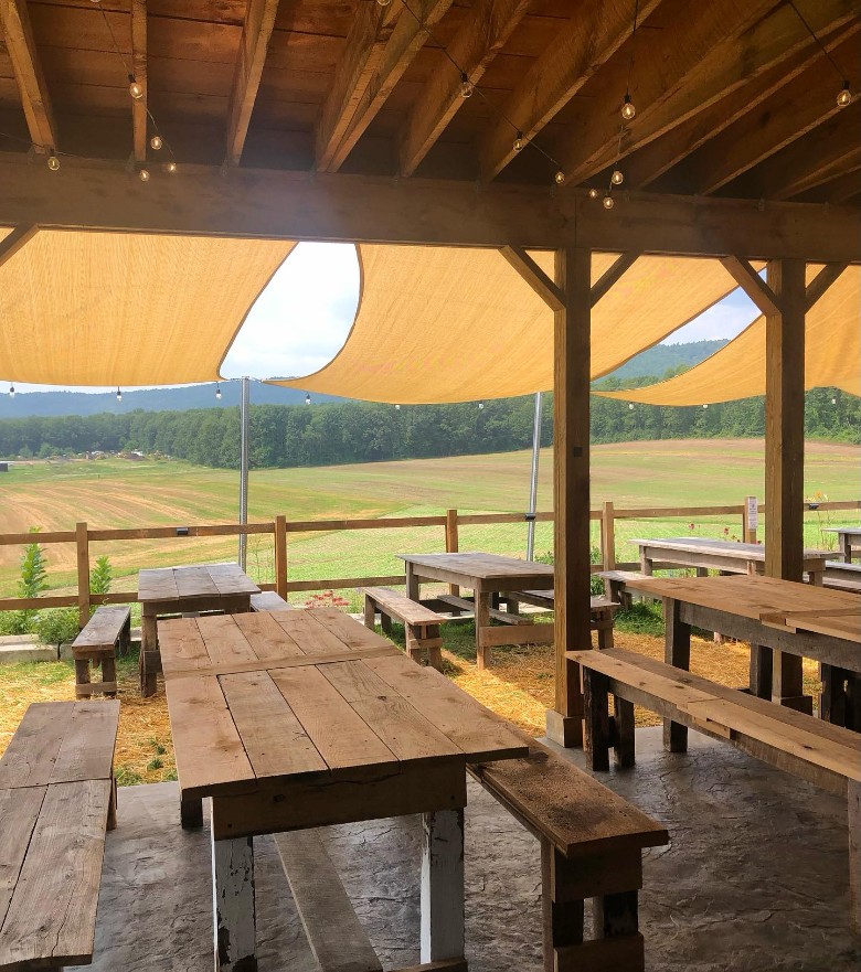 picnic tables under outdoor covered patio