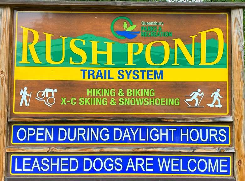 Enjoy hiking, biking, cross country skiing and snowshoeing at Rush Pond Trail Systems. Rush Pond Trail System Sign
