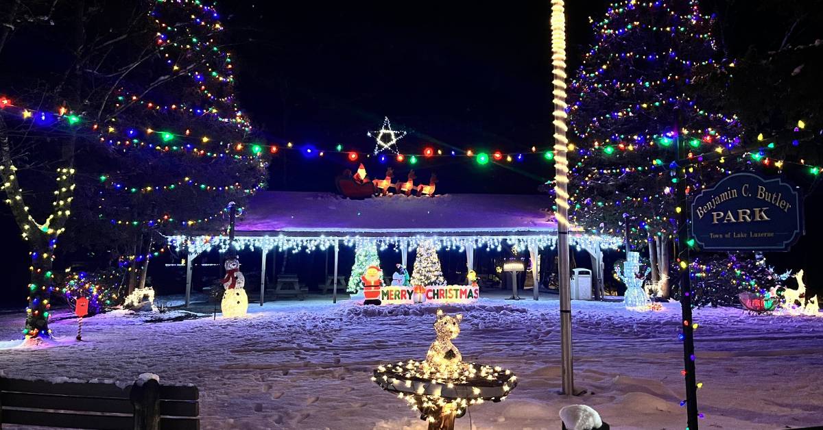 park in lake luzerne decorated for christmas
