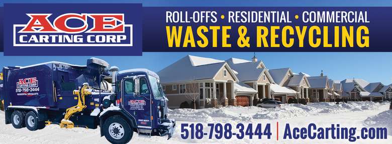Image reads "Ace Carting Corop roll-offs, residential, commercial waste and recycling"  with truck and snow-covered house