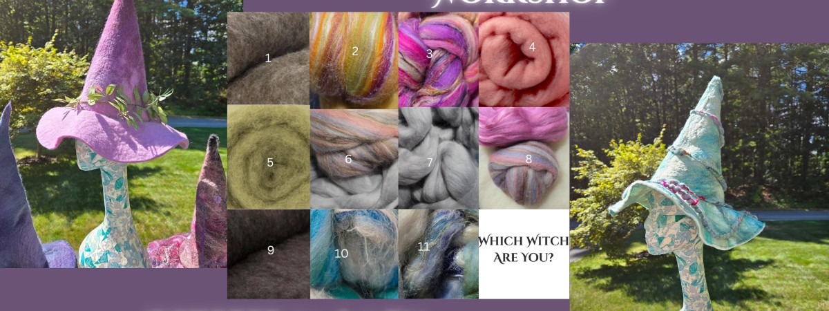 Pink witch hat and green witch hat with multicolor felt in the center