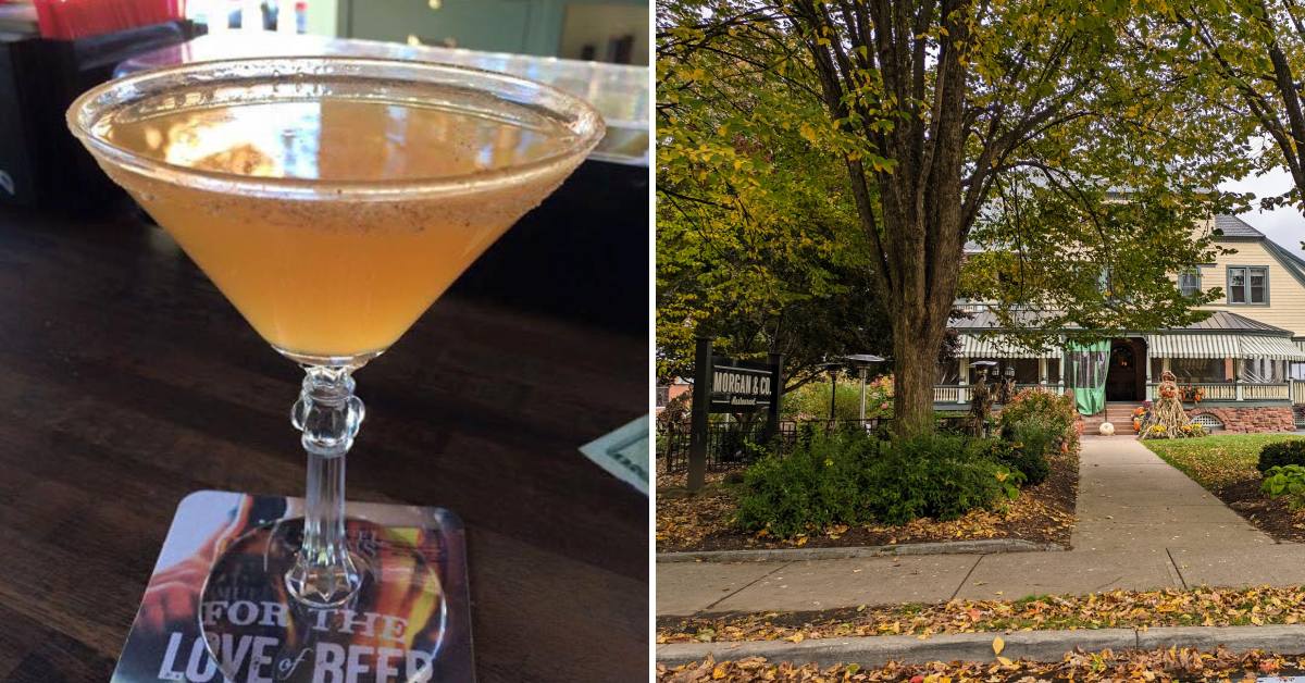 cocktail on left and exterior of morgan and co on the right