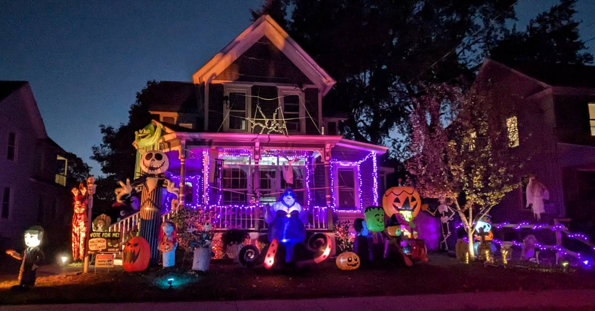 exterior of house decorated for halloween