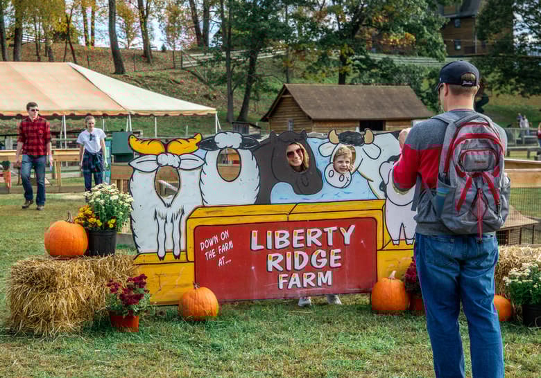 man taking photo of people with heads in cut out image of farm animals