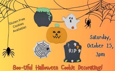 orange background, halloween cookies (pumpkin, gravestone, spiderweb, ghost, caldron) spiderwebs a the top