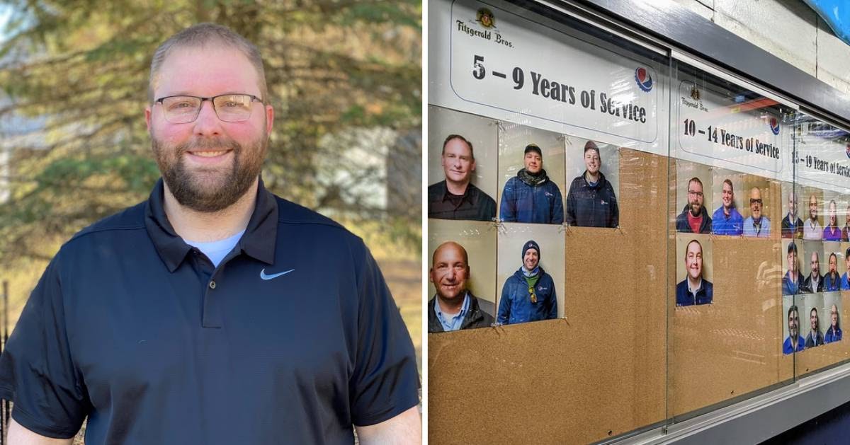 two images, one of an employee and the other of an employee highlight wall