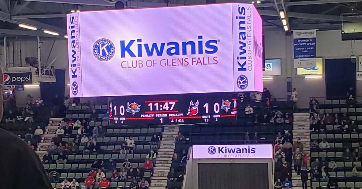 kiwanis club of glens falls on overhead projector at hockey game