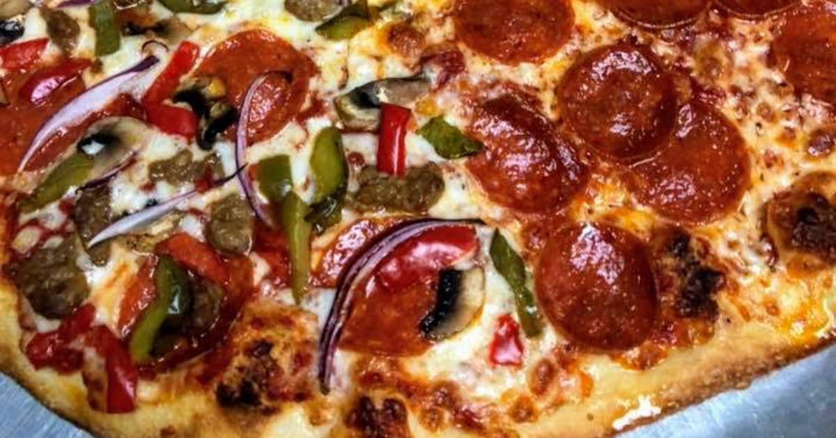 pepperoni pizza, next to it pepperoni, peppers, onions pizza