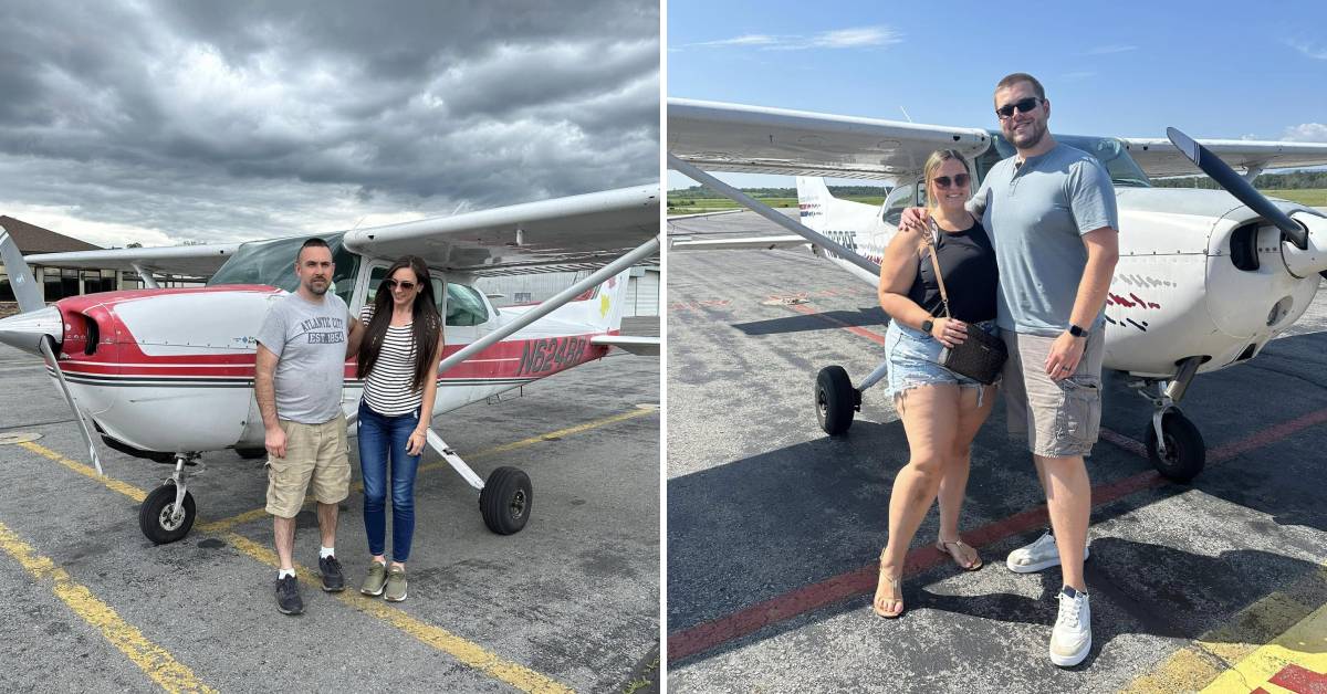 two couples pose by leaf air airplane