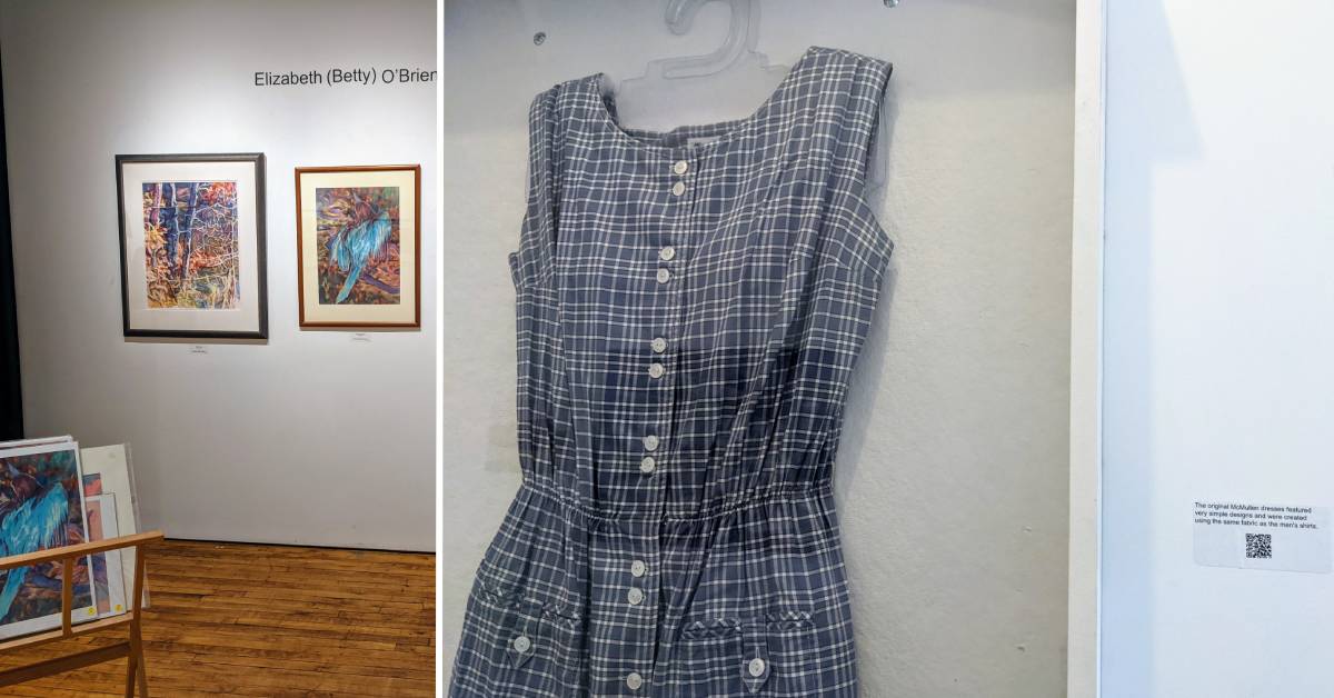 artwork and old shirt on display with sign at the shirt factory