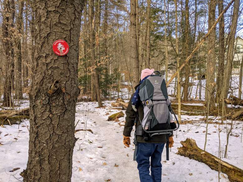 winter hiker with toddler on back