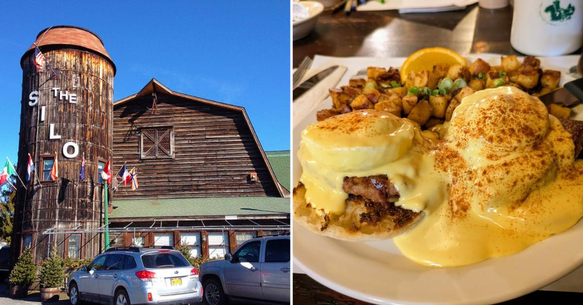 left image of silo restaurant exterior; right image of eggs with hollandaise sauce