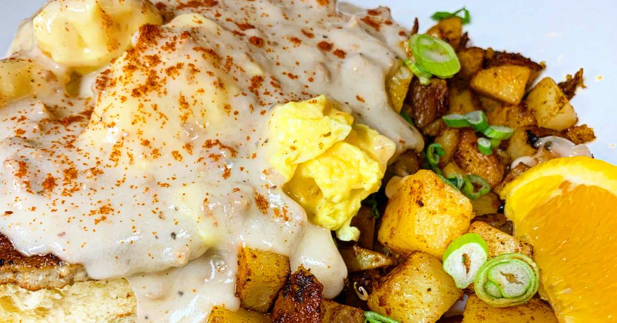 breakfast plate with eggs and hash browns
