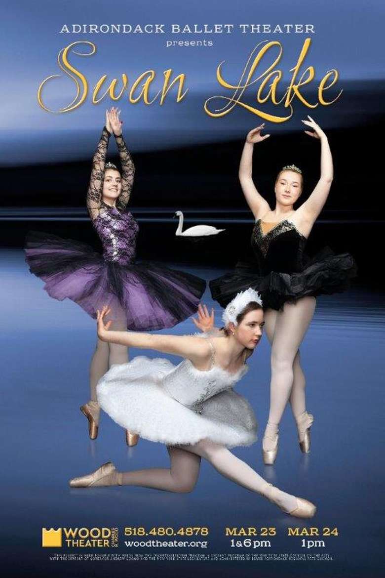 Ad for swan Lake with three dancers in front of a lake