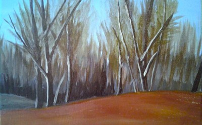 painting of bare trees with a brown ground and light blue background sky