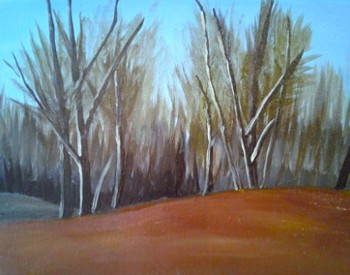 painting of bare trees with a brown ground and light blue background sky