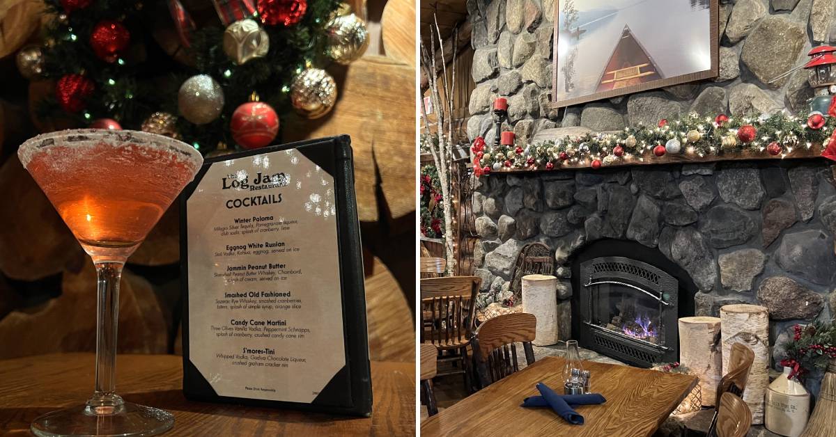log jam winter cocktail specials and cocktail on the left, fireplace on the right