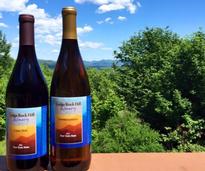 two bottles of wine with trees in the background