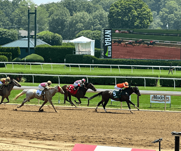 Horses and Jockies racing at Saratoga Race Course