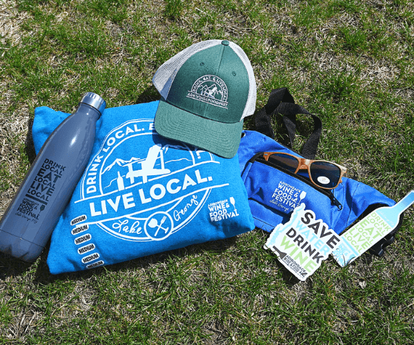 Adirondack wine & Food Festival Merch; water bottle, sweatshirt, hat, sunglasses, crossbody bag, stickers